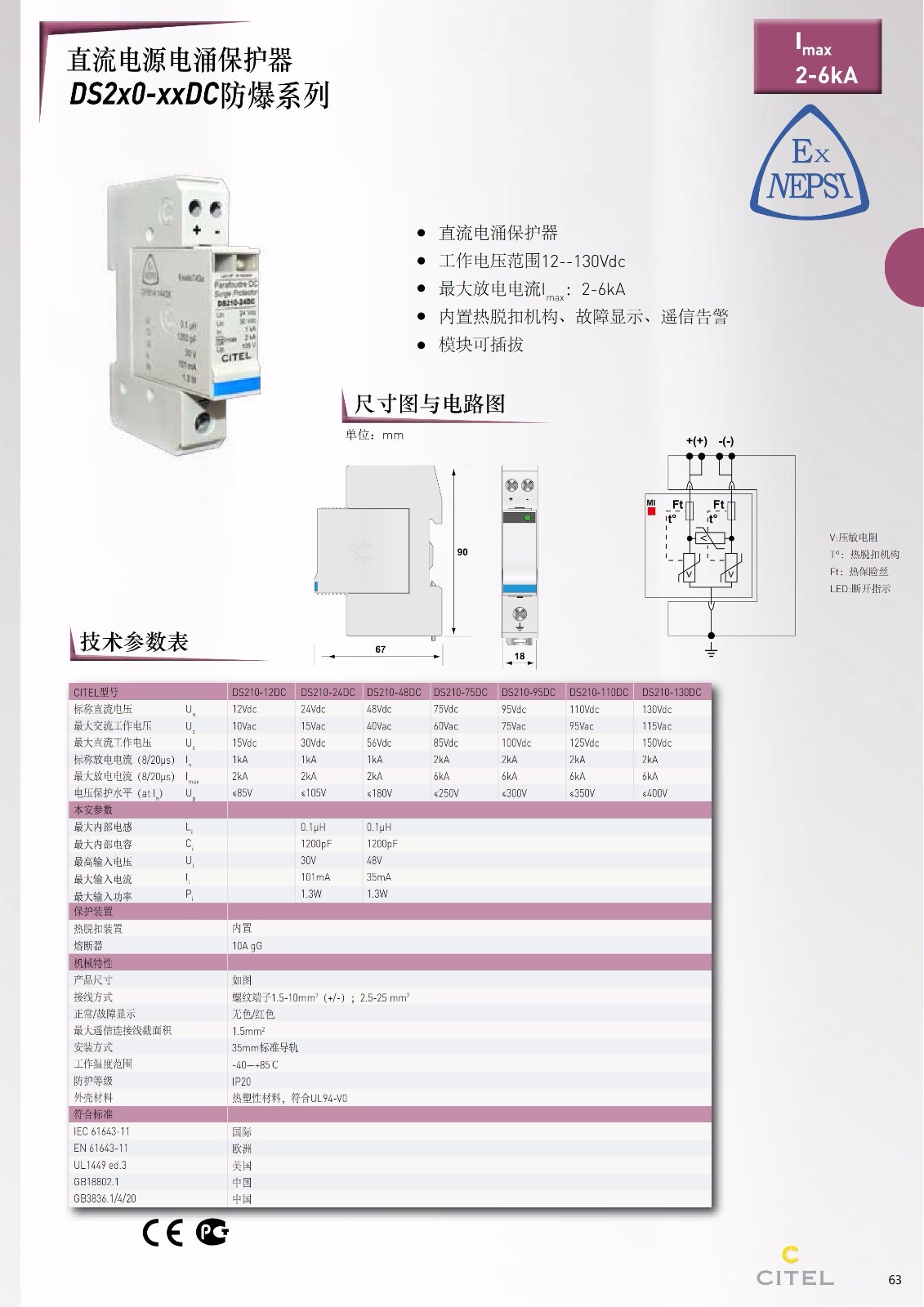 直流防雷器DS50PV-1000-30系列技術(shù)參數(shù)、規(guī)格尺寸